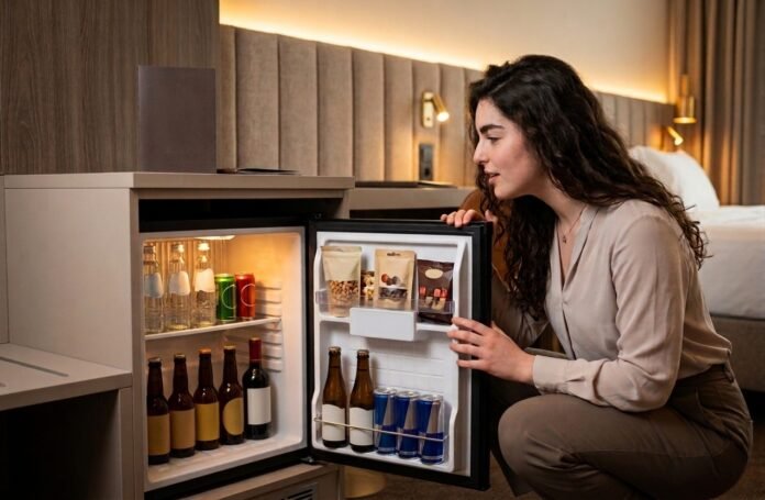 Uma mulher com cabelos castanhos longos e vestindo uma blusa bege está agachada em um quarto de hotel, abrindo a porta de um frigobar. O interior do frigobar está organizado e plenamente abastecido.