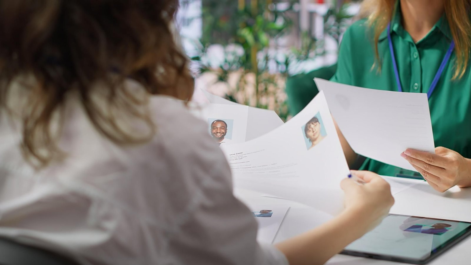 Duas recrutadoras examinando currículos impressos com fotos de candidatos sobre uma mesa, durante uma etapa do processo de recrutamento e seleção na hotelaria.