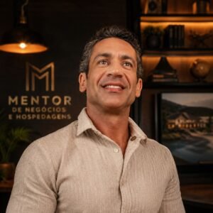 Marcelo Cristiano, fundador do Adorai Chalés, sorri enquanto olha levemente para o alto. Ele veste uma camisa bege de linho em um escritório aconchegante, com uma parede ao fundo na qual se lê "Mentor de negócios e hospedagens".